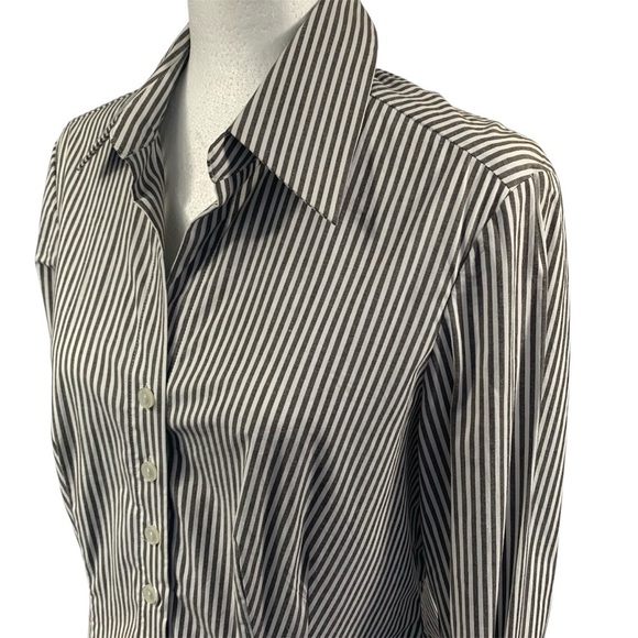 ANNE KLEIN Striped Shirt Pinstripe Button Up Workwear Fitted Seams Brown White 8 - Picture 5 of 10